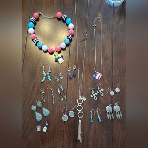 15pc Costume Jewelry Lot 3 Necklaces 12 Earrings Boho Silver Tone Patriotic